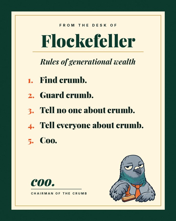 A memo from the desk of Flockefeller listing five rules of generational wealth, ending in Coo.